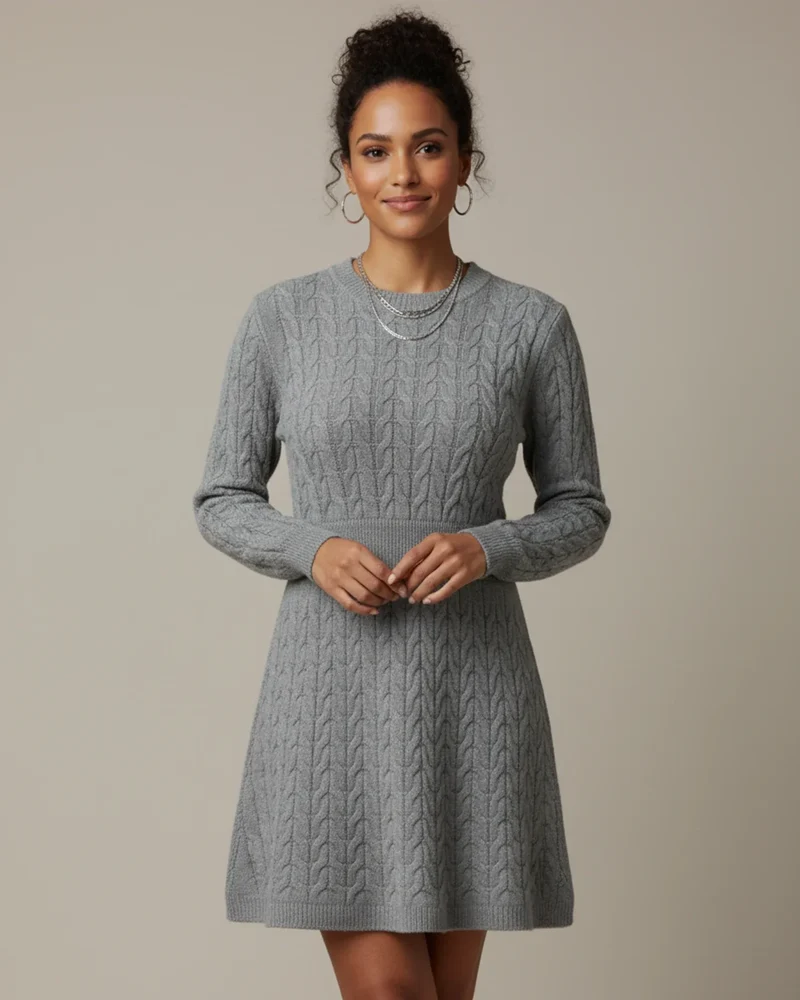 Robe Mini Femme à Manches Longues – Motif Tricot Câble et Coupe Ajustée