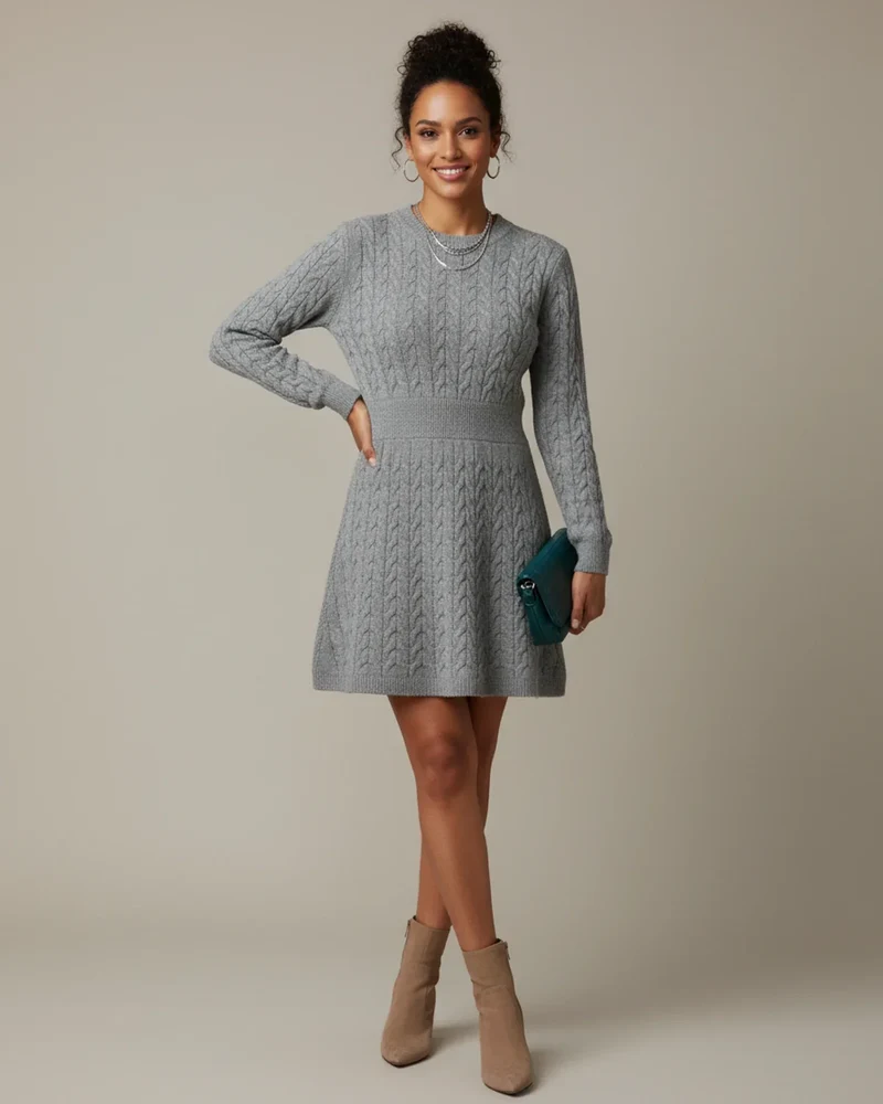 Robe Mini Femme à Manches Longues – Motif Tricot Câble et Coupe Ajustée