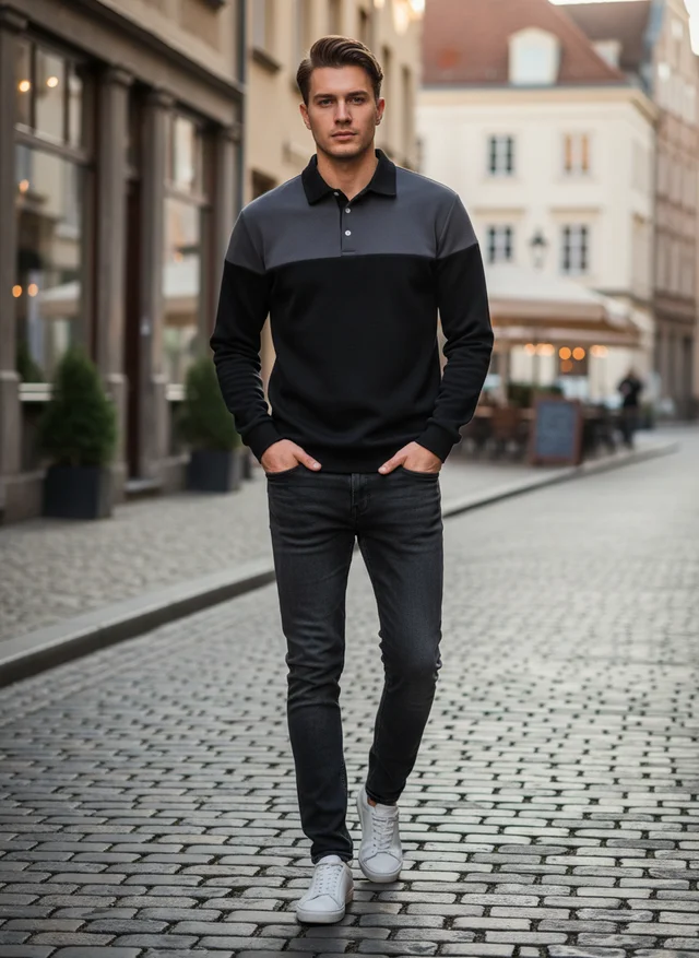 Tristan | Homme Sweatshirt Col Polo Patchwork Manches Longues – Sweat Premium 2026