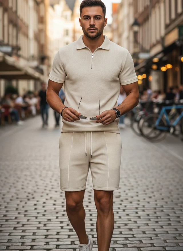 Victor | Homme Ensemble Zippé Col Texturé Short Unicolore – Set Zippé 2026