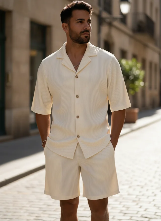 Yannick | Homme Ensemble Chemise Velours Côtelé Short – Set Velours Décontracté 2026