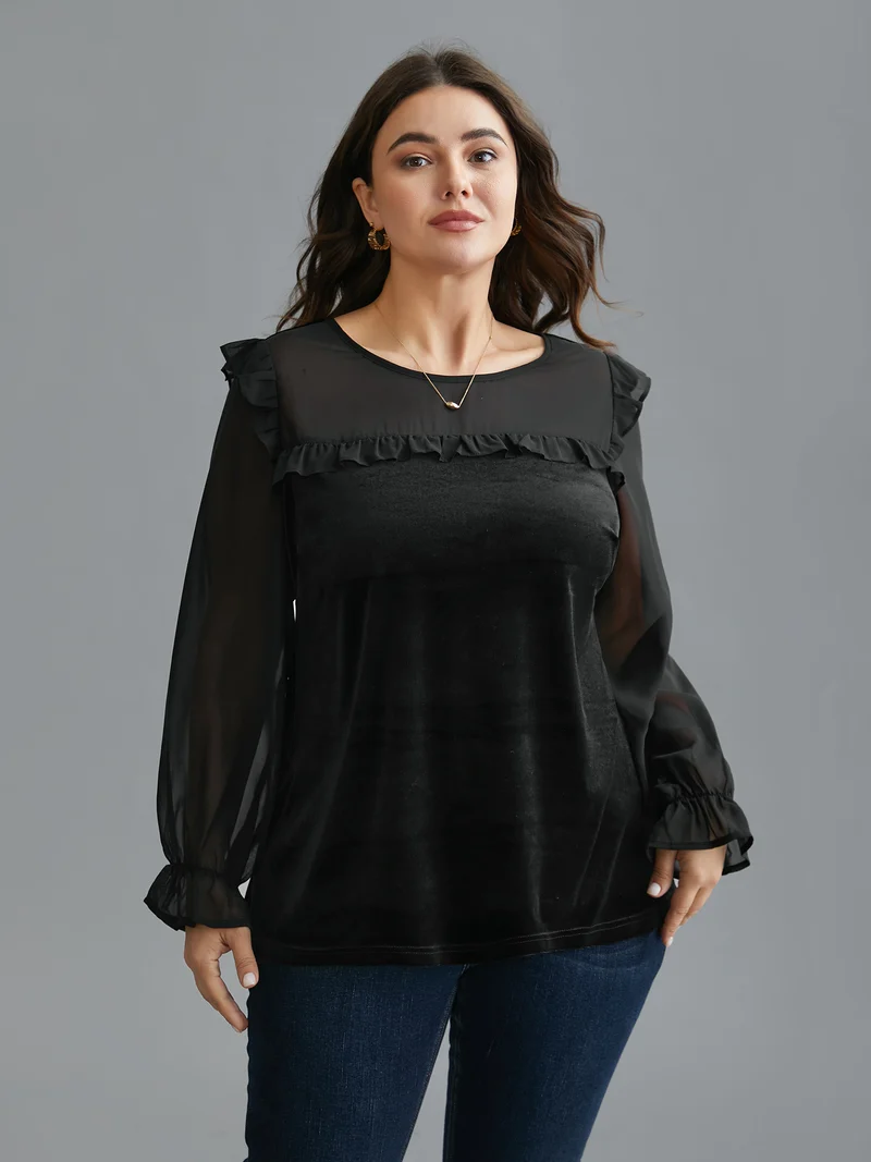 Ruffle Detailing Sheer Elastic Cuffs Blouse