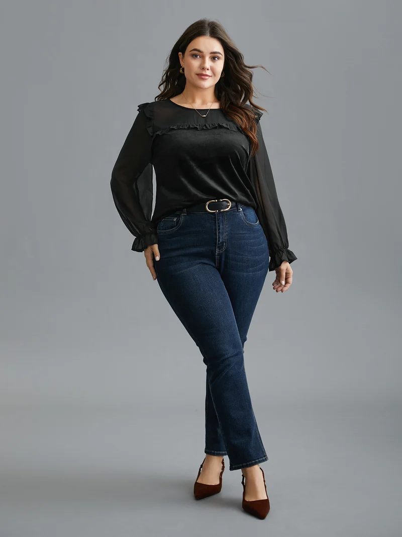 Ruffle Detailing Sheer Elastic Cuffs Blouse