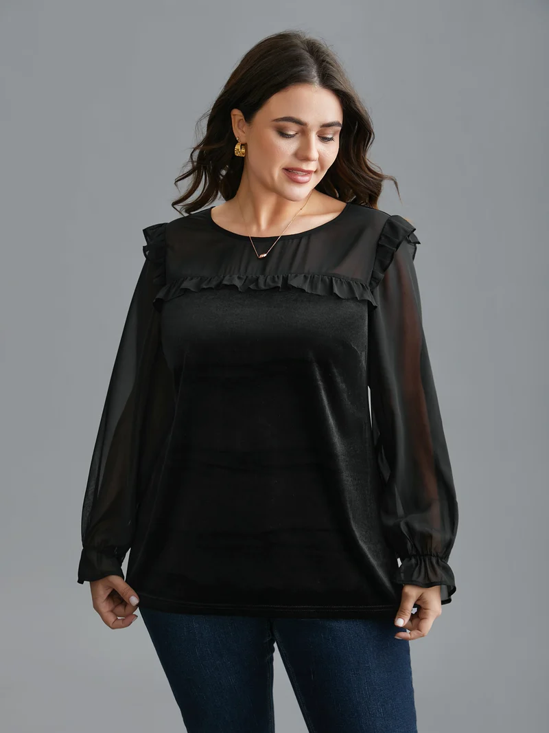 Ruffle Detailing Sheer Elastic Cuffs Blouse