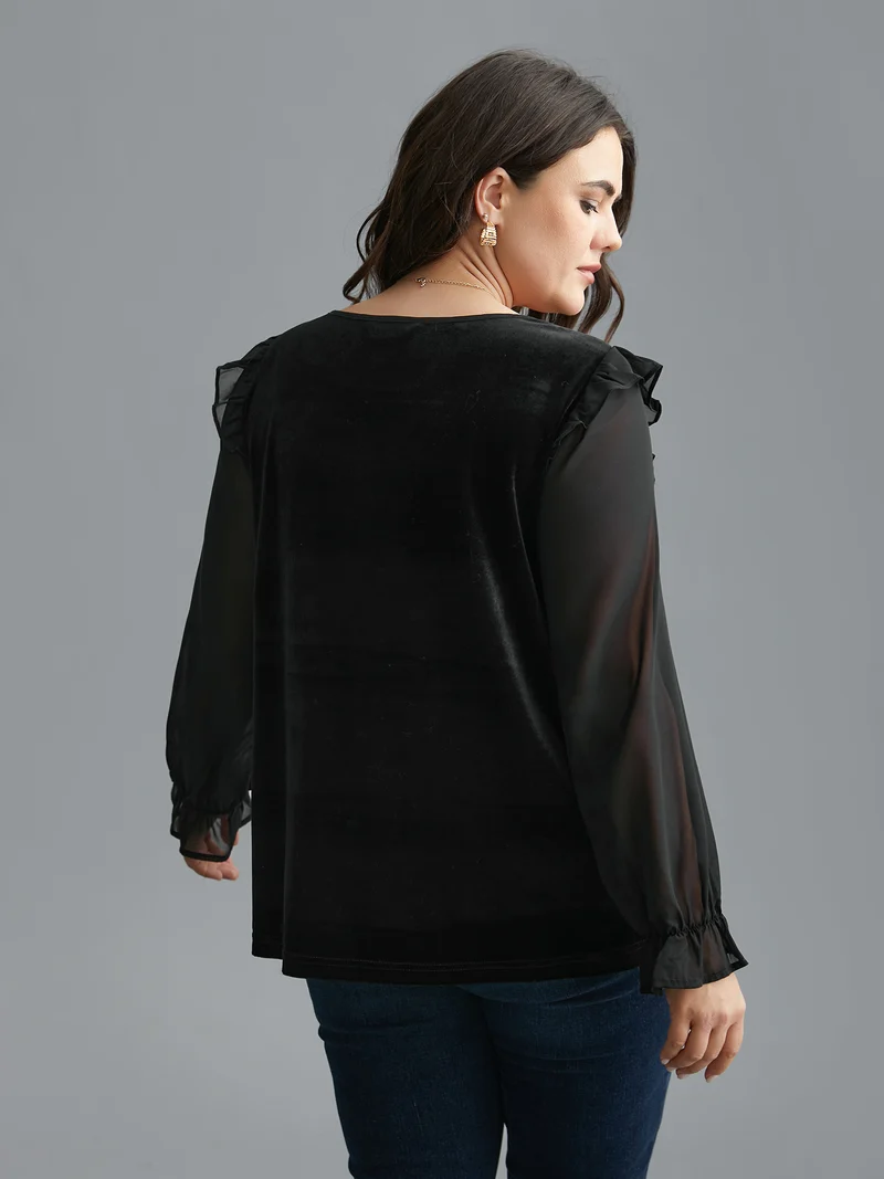 Ruffle Detailing Sheer Elastic Cuffs Blouse