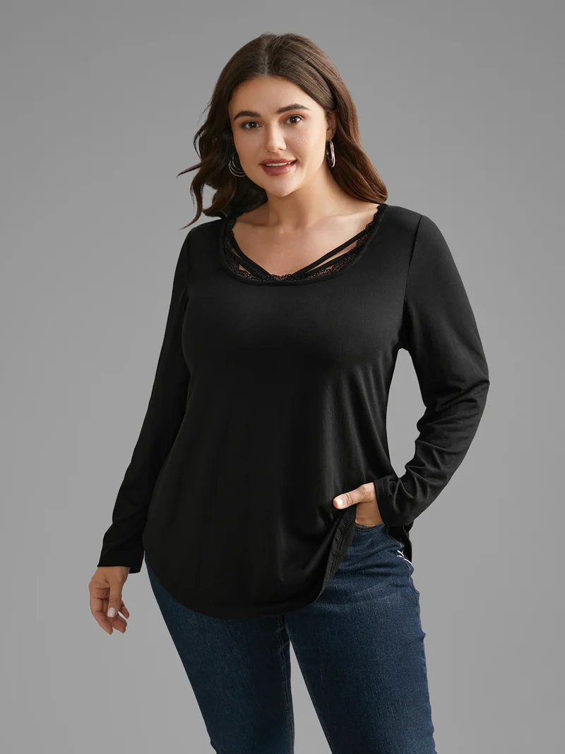 Plain Lace Patchwork Crisscross T-shirt