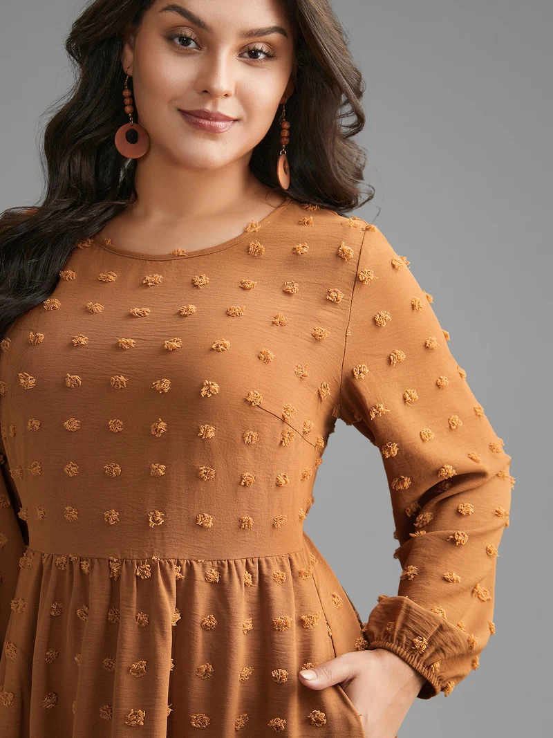 Plain Textured Crew Neck Midi Dress