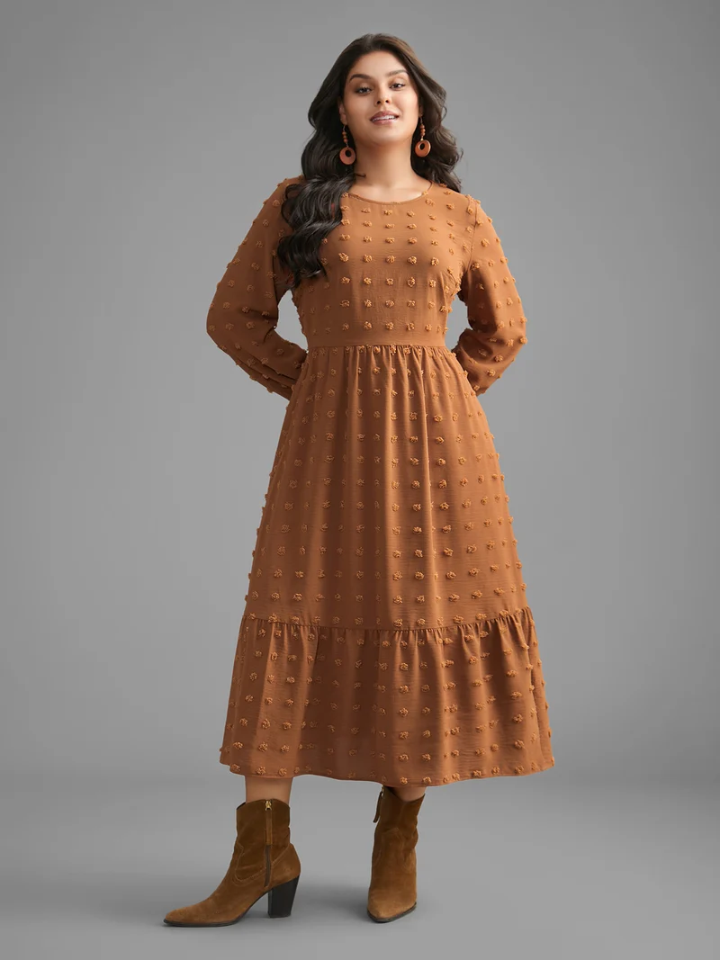 Plain Textured Crew Neck Midi Dress