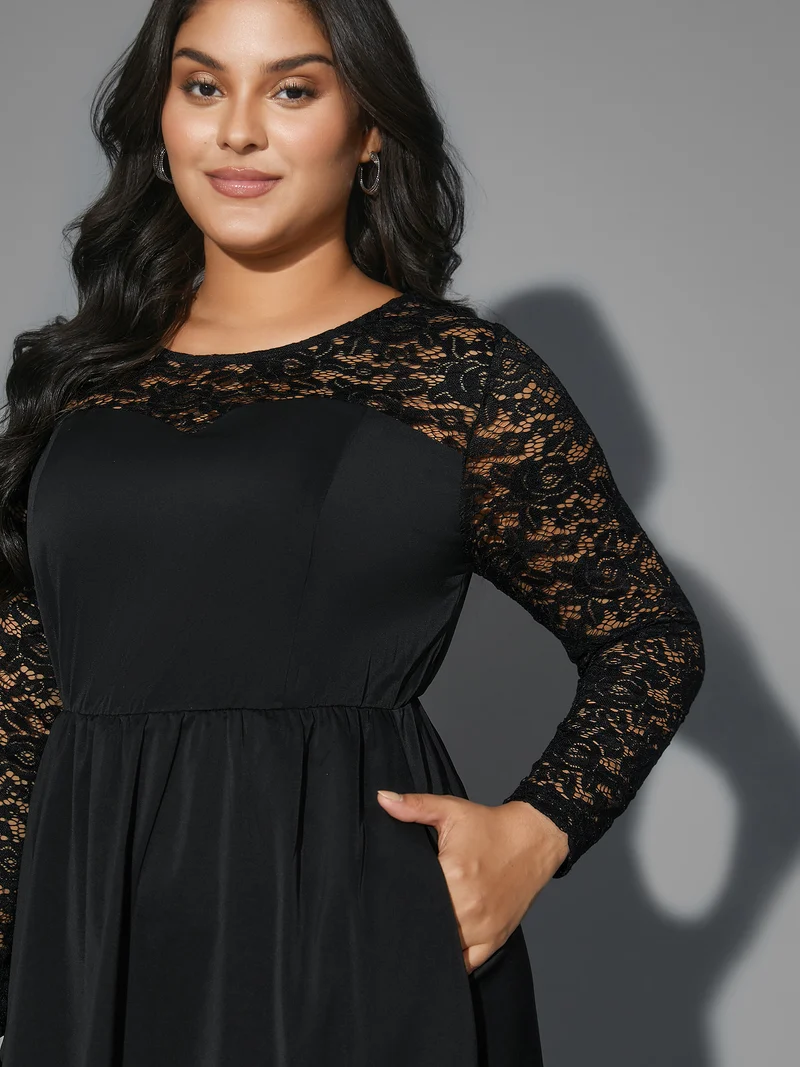 Lace Patchwork Elastic Waist Midi Dress