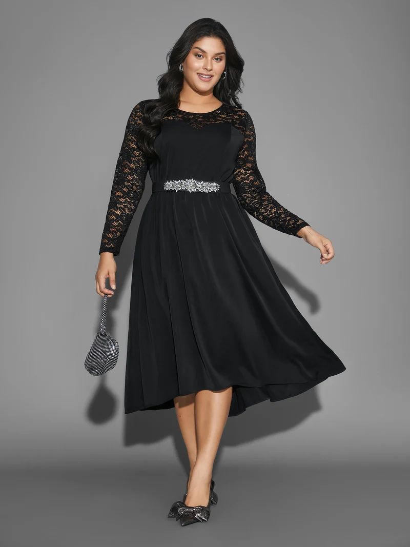 Lace Patchwork Elastic Waist Midi Dress