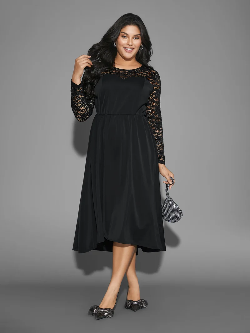 Lace Patchwork Elastic Waist Midi Dress