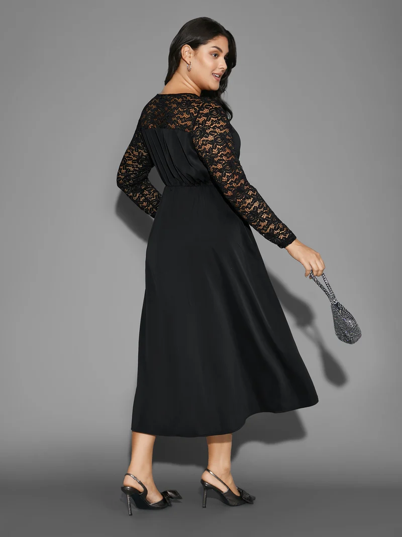Lace Patchwork Elastic Waist Midi Dress