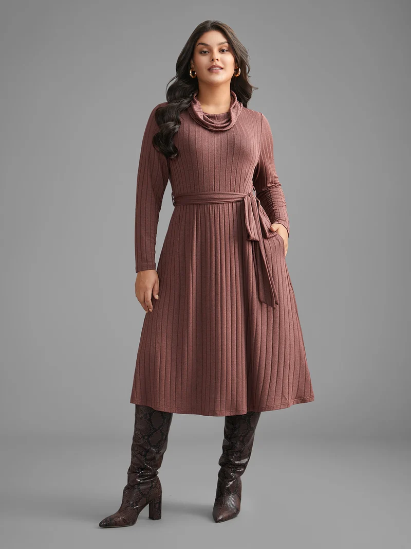 Pit Strip Turtleneck Belted Dress