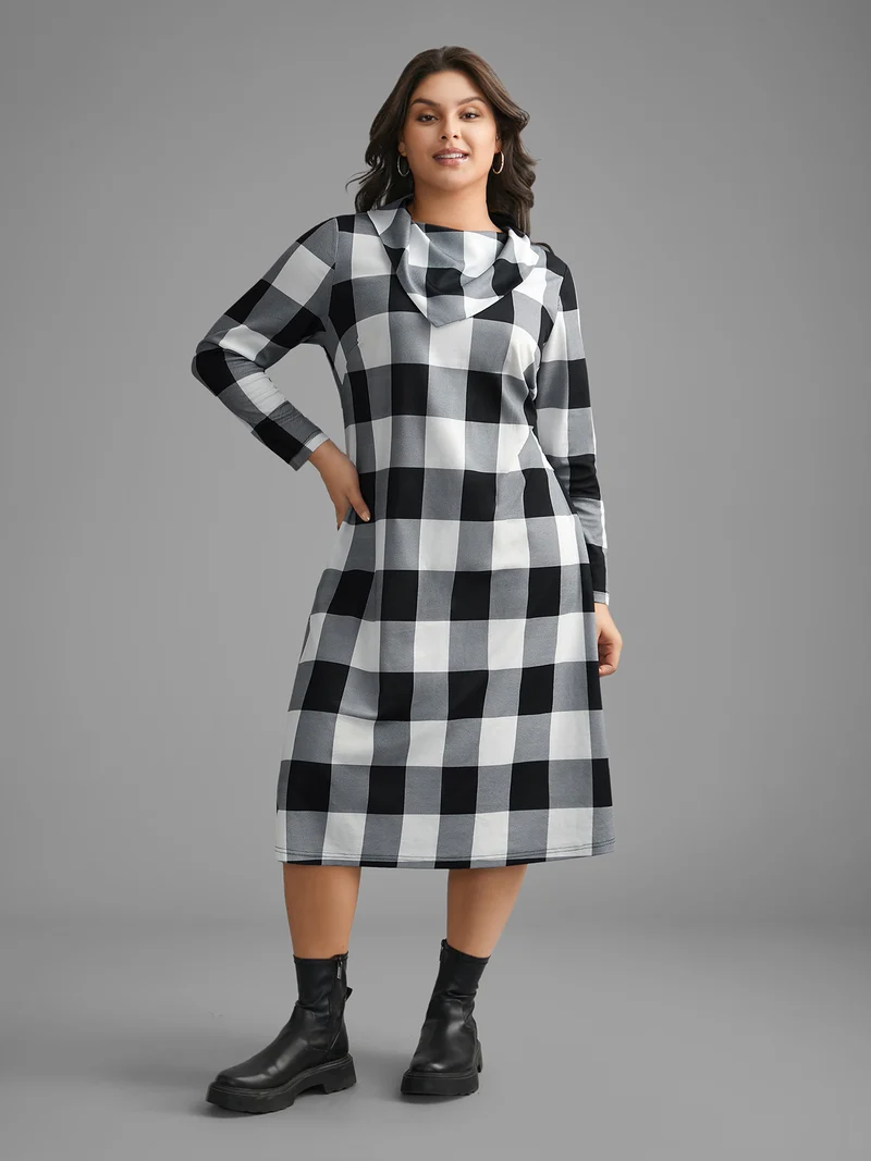 Plaid Ruffled Collar Pocket Midi Dress