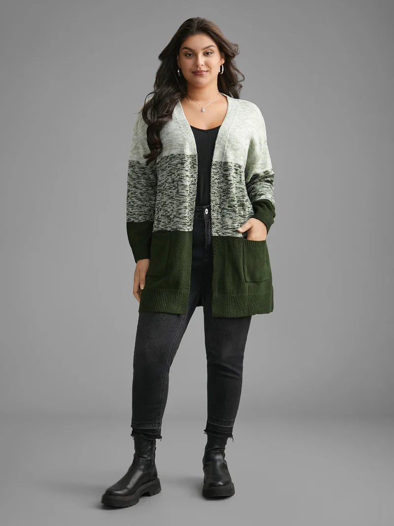 Heather Colorblock Contrast Patched Pocket Cardigan