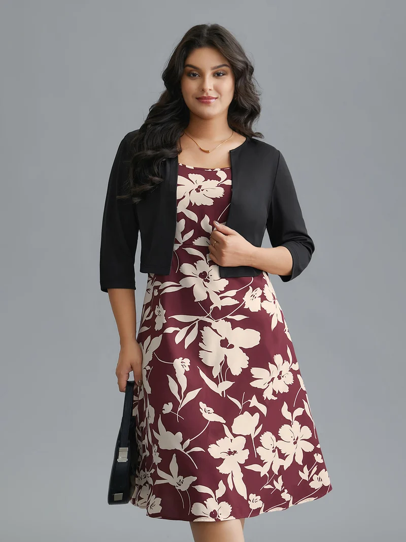 2-In-1 Floral Print Color Contrast Dress