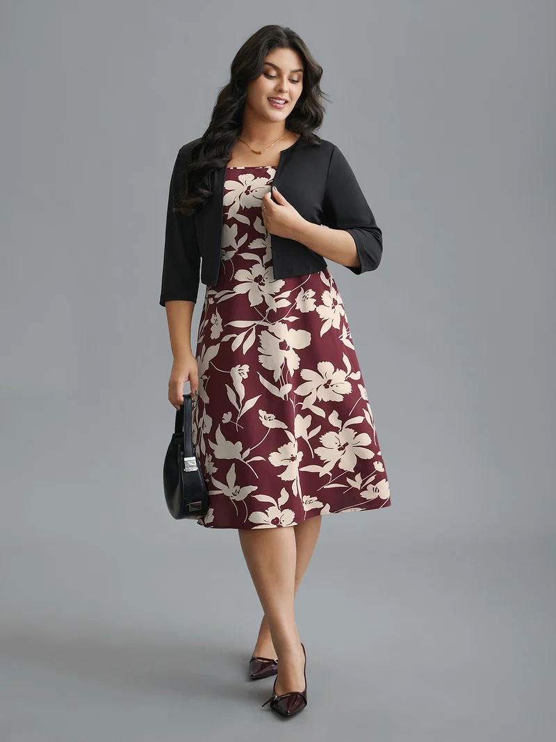 2-In-1 Floral Print Color Contrast Dress