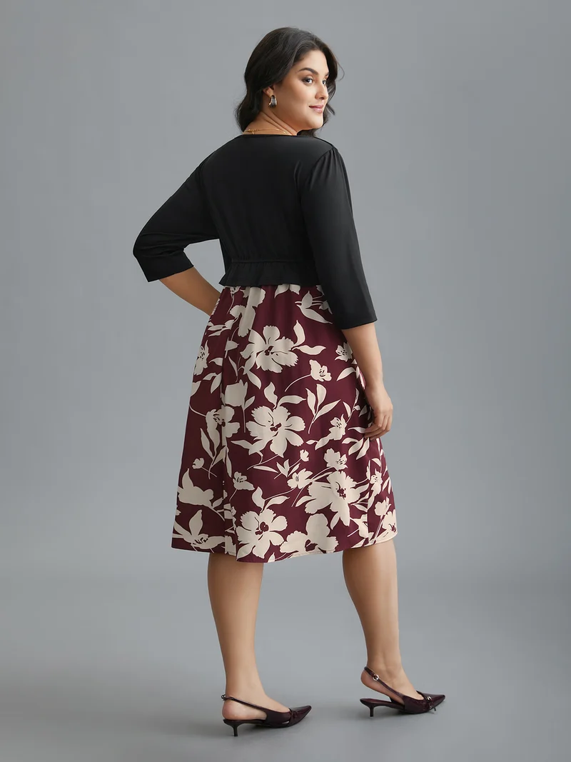 2-In-1 Floral Print Color Contrast Dress
