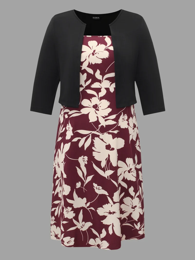 2-In-1 Floral Print Color Contrast Dress