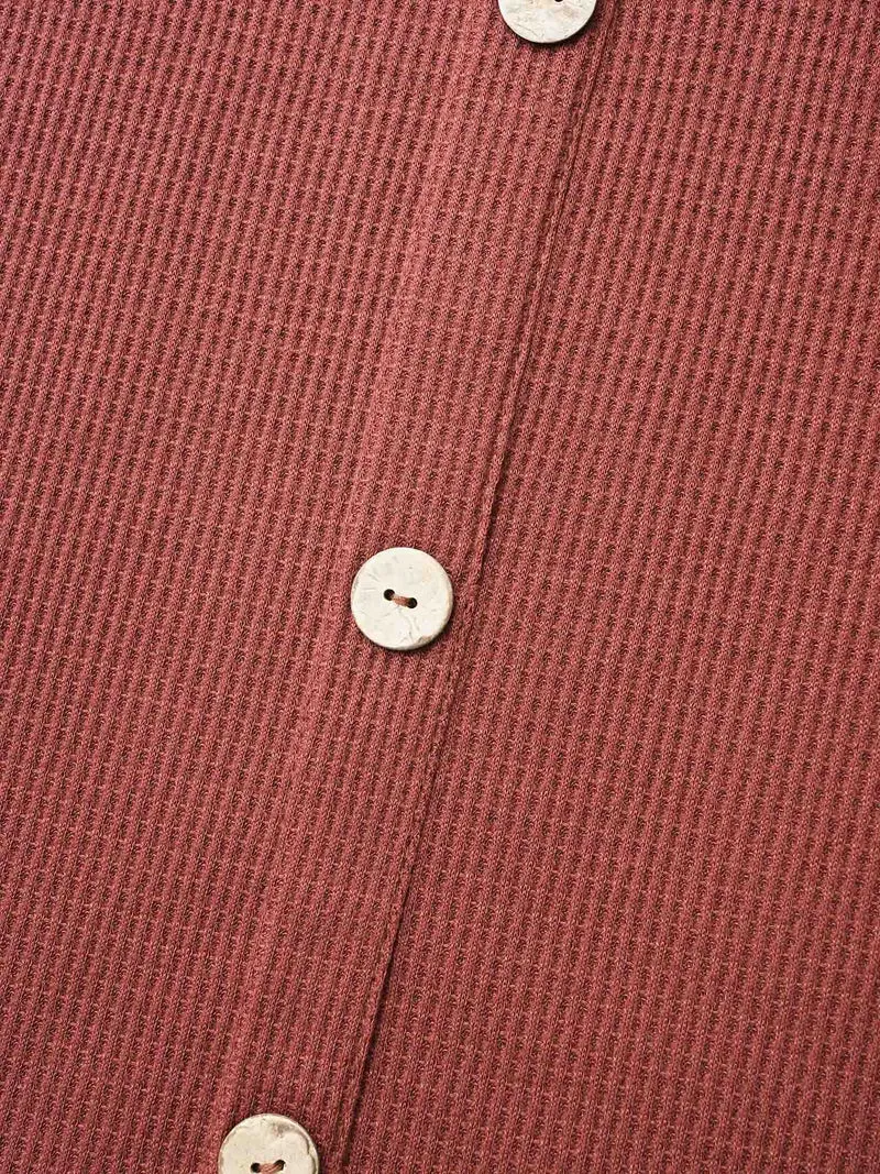 Waffle Knit Button Detail Arc Hem T-shirt