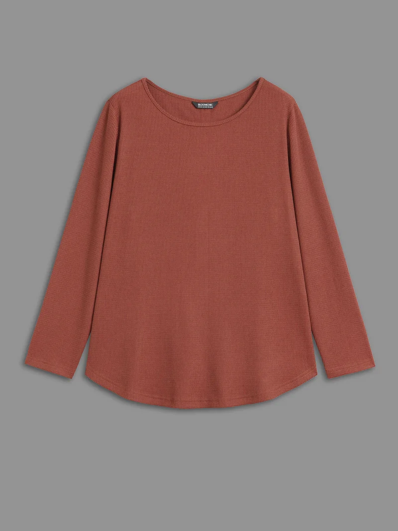 Waffle Knit Button Detail Arc Hem T-shirt
