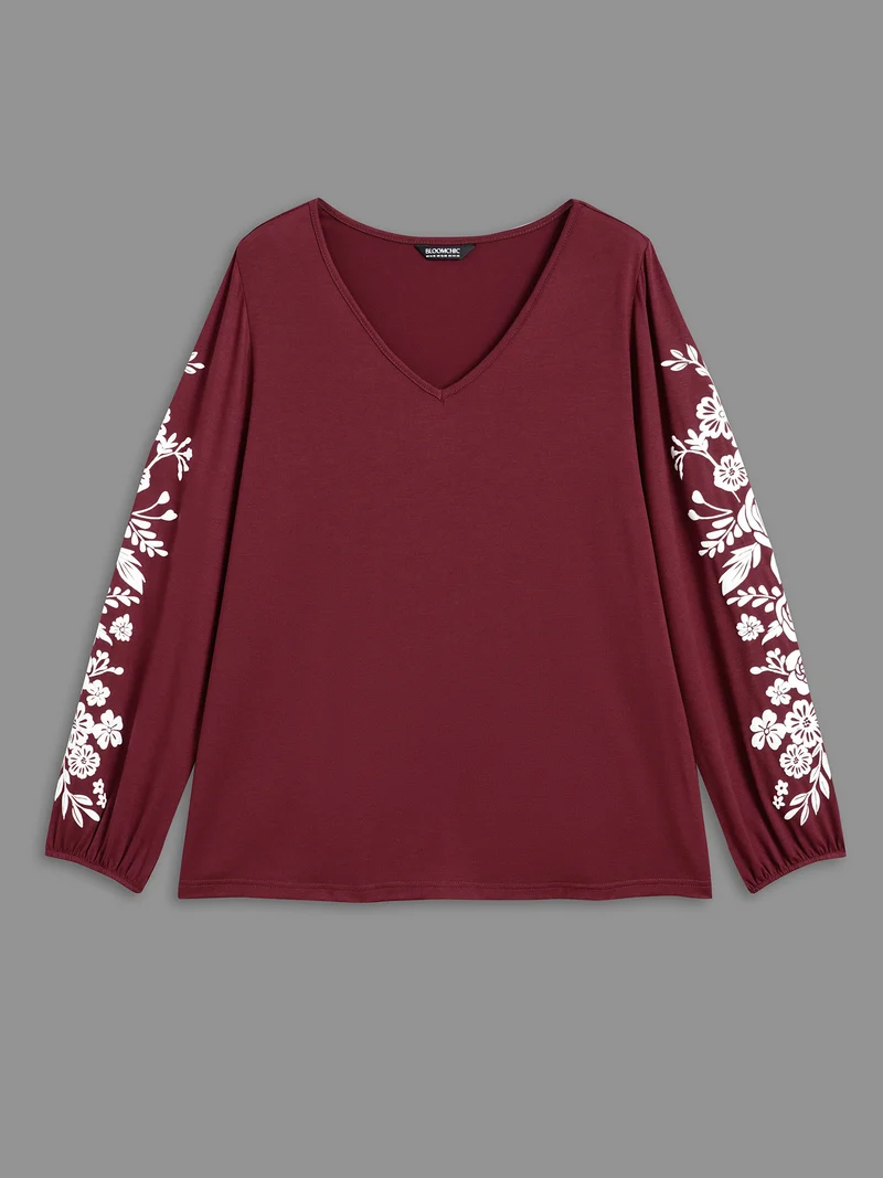 V Neck Silhouette Floral Print T-shirt