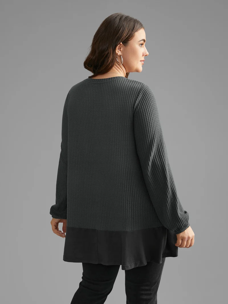 Waffle Knit Patchwork High Low Hem T-shirt
