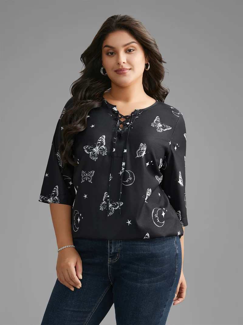 Butterfly & Moon Cross Straps Blouse
