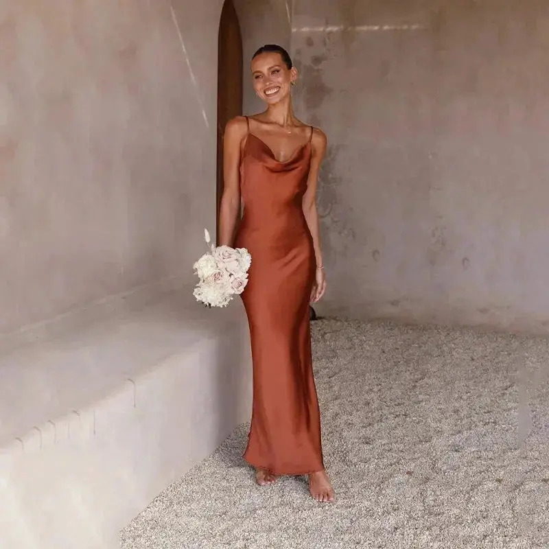 Women's Elegant Satin Maxi Dress | Sleeveless Draped Neck Formal Gown