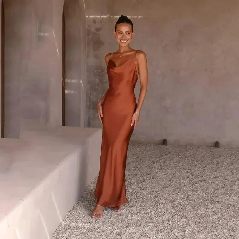 Women's Elegant Satin Maxi Dress | Sleeveless Draped Neck Formal Gown