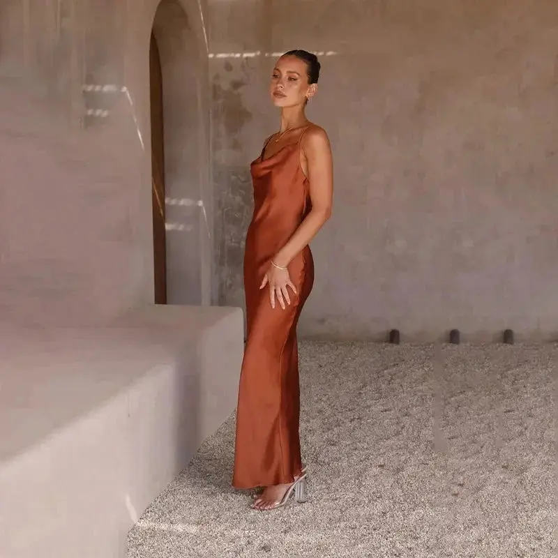 Women's Elegant Satin Maxi Dress | Sleeveless Draped Neck Formal Gown