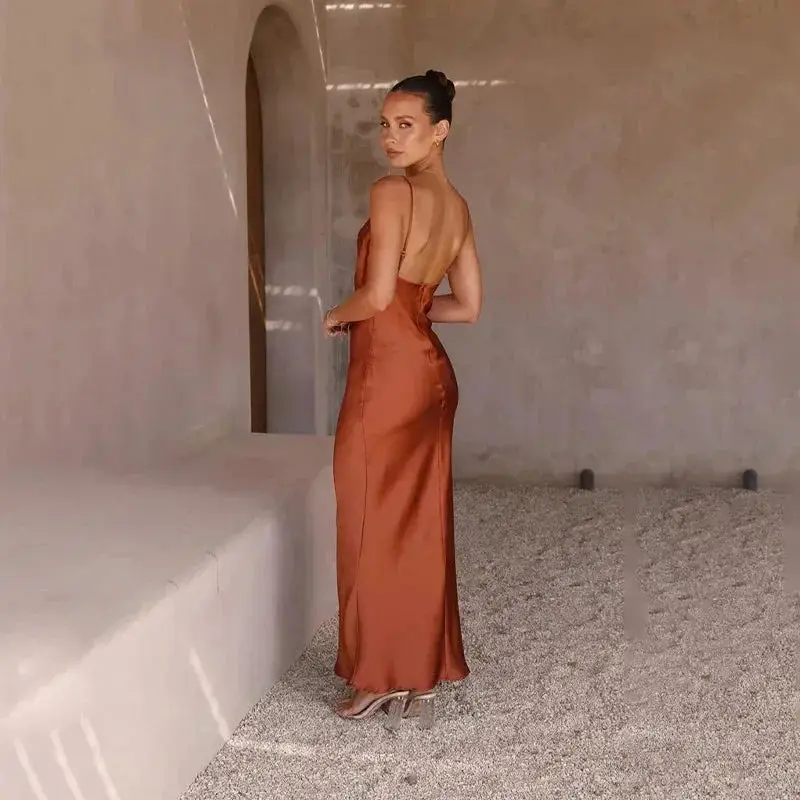 Women's Elegant Satin Maxi Dress | Sleeveless Draped Neck Formal Gown