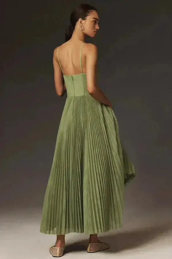 Women's Lightweight Pleated Midi Dress | Elegant Summer Cocktail Dress with Delicate Straps