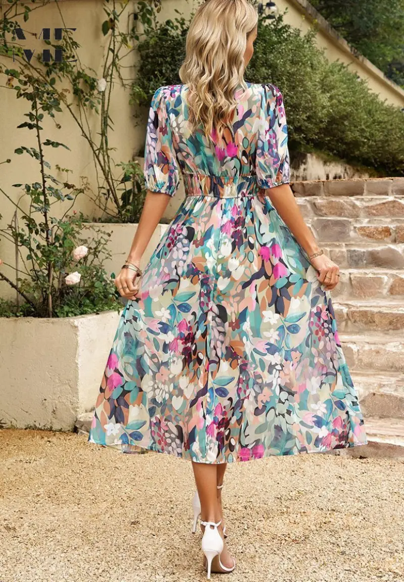 Women's Floral Print A-Line Midi Dress | Elegant V-Neck Summer Dress