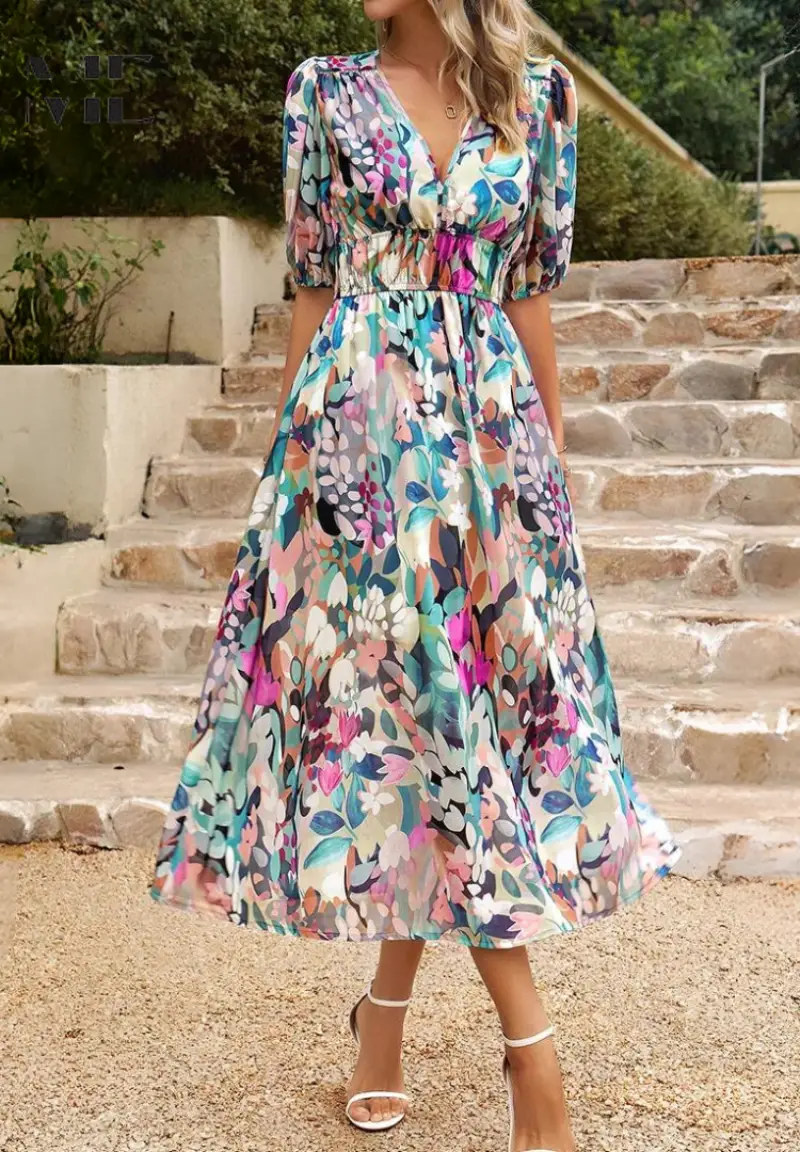 Women's Floral Print A-Line Midi Dress | Elegant V-Neck Summer Dress