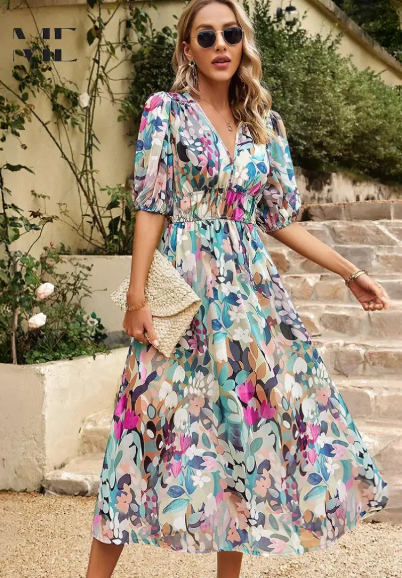 Women's Floral Print A-Line Midi Dress | Elegant V-Neck Summer Dress