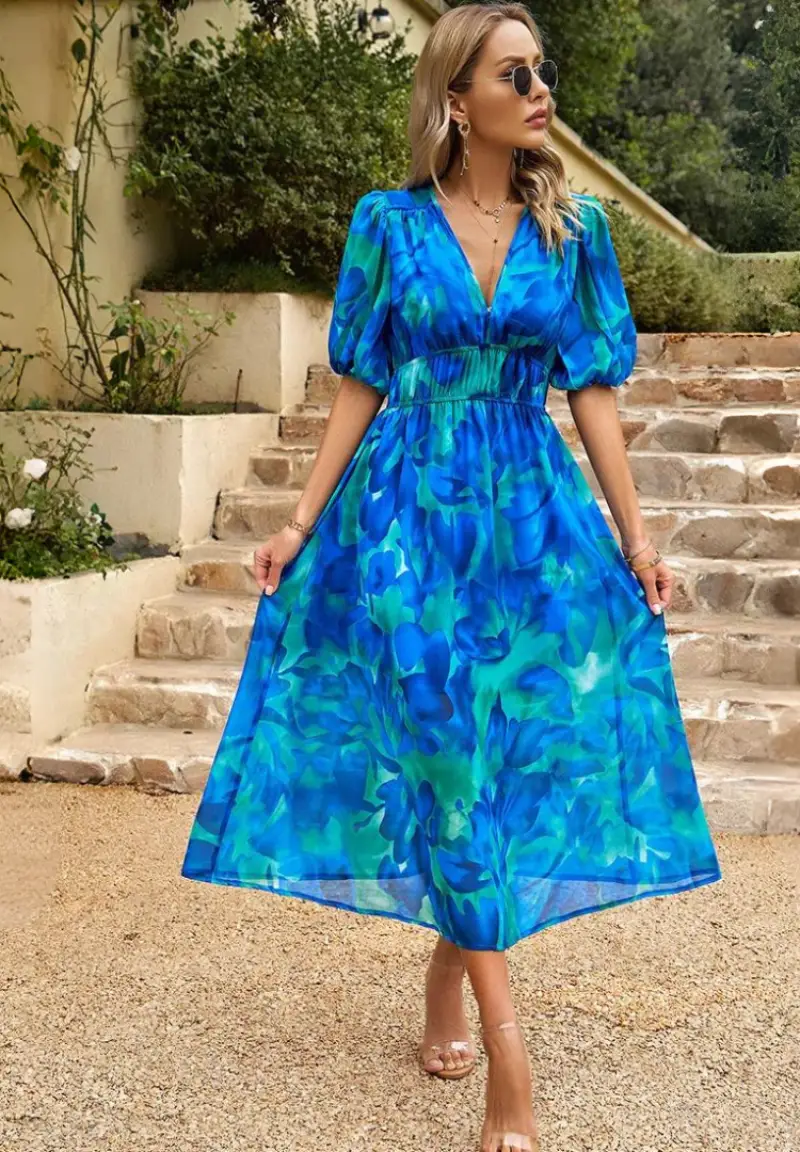 Women's Floral Print A-Line Midi Dress | Elegant V-Neck Summer Dress