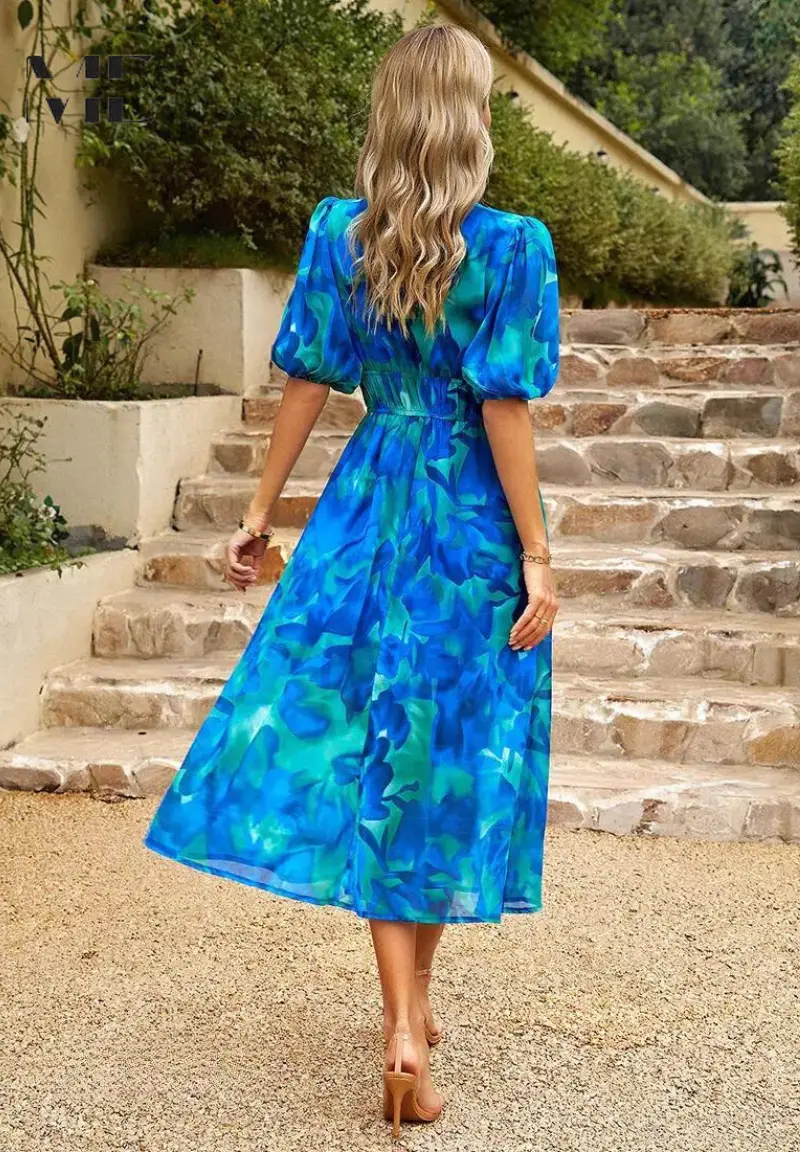 Women's Floral Print A-Line Midi Dress | Elegant V-Neck Summer Dress