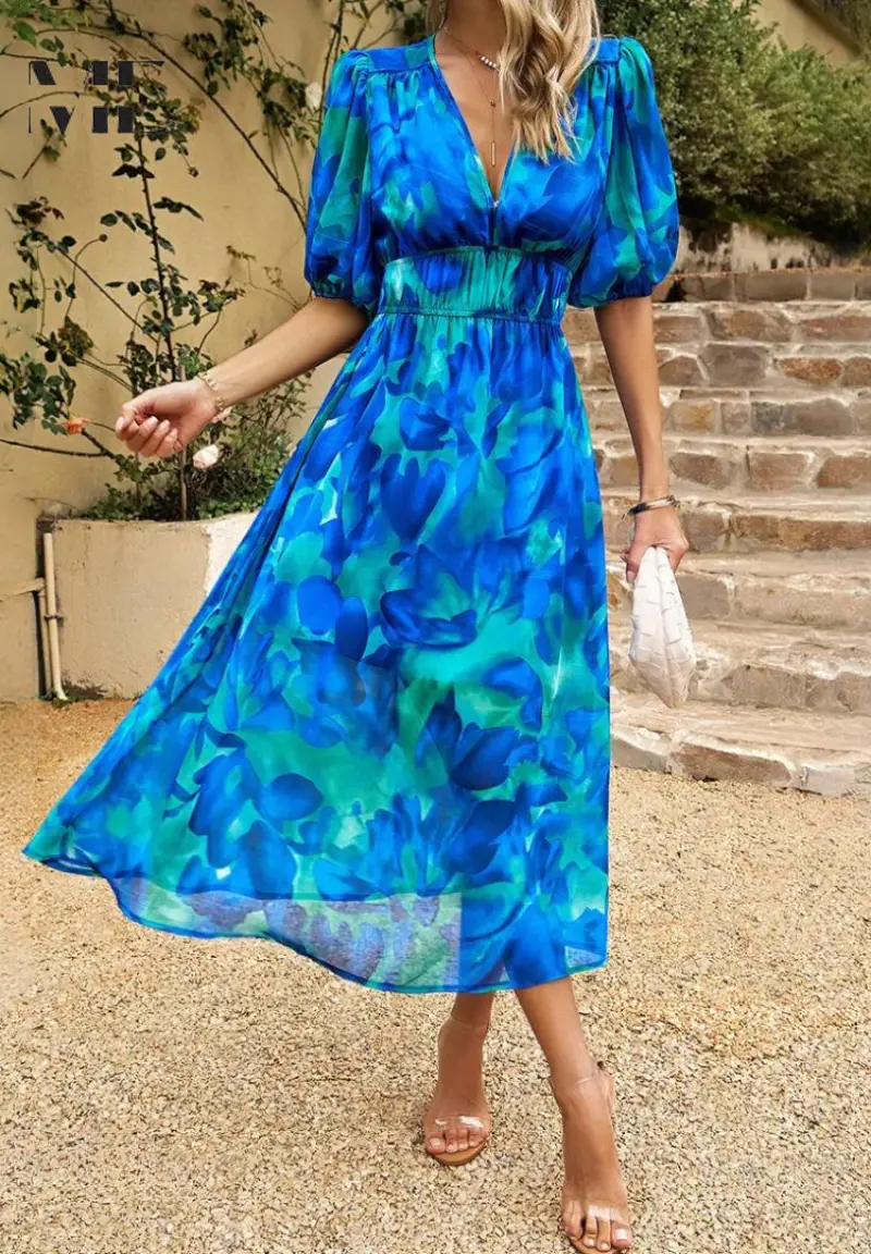 Women's Floral Print A-Line Midi Dress | Elegant V-Neck Summer Dress