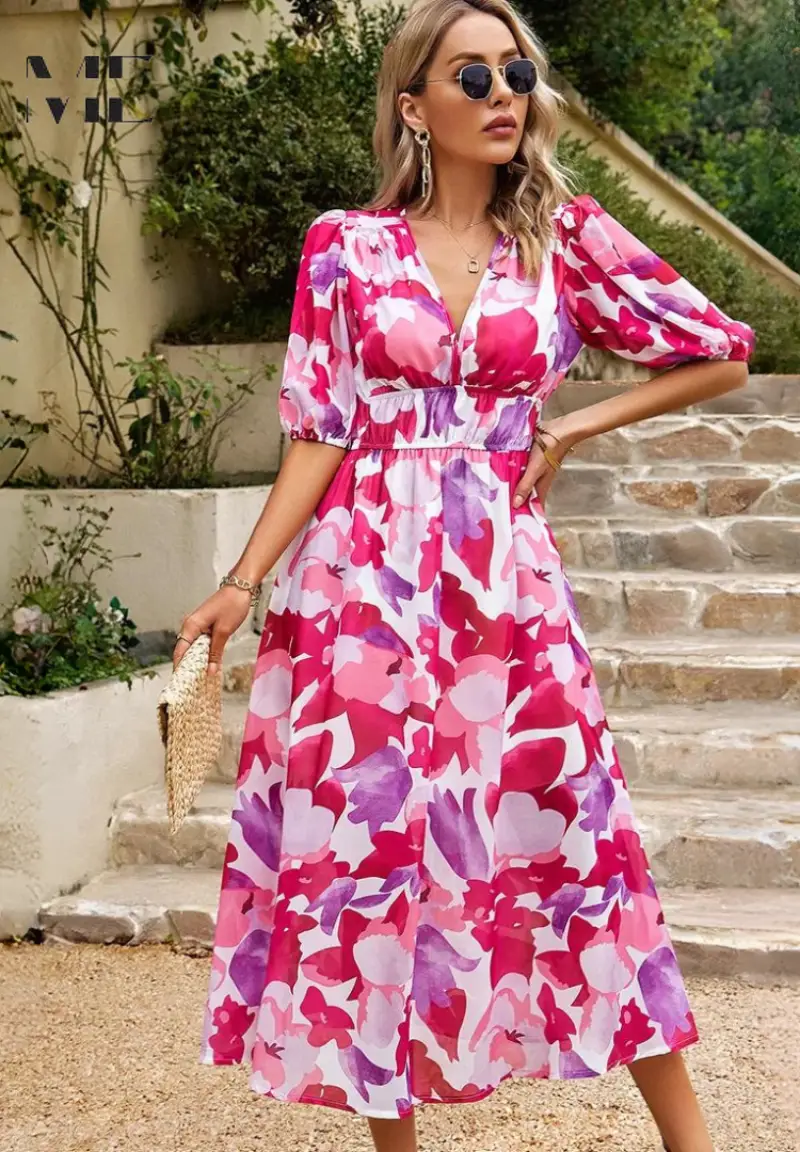 Women's Floral Print A-Line Midi Dress | Elegant V-Neck Summer Dress