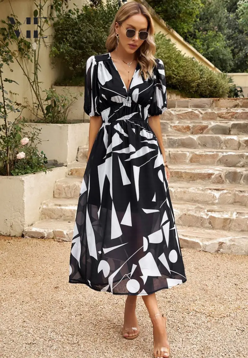 Women's Floral Print A-Line Midi Dress | Elegant V-Neck Summer Dress