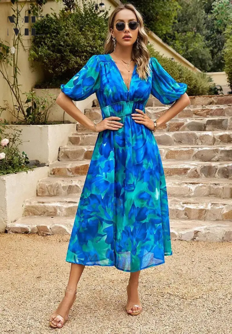 Women's Floral Print A-Line Midi Dress | Elegant V-Neck Summer Dress