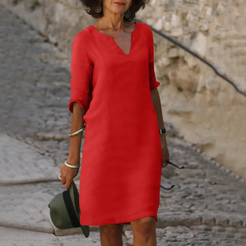 Women's Comfortable V-Neck Midi Dress | Elegant 3/4 Sleeve Casual Wear