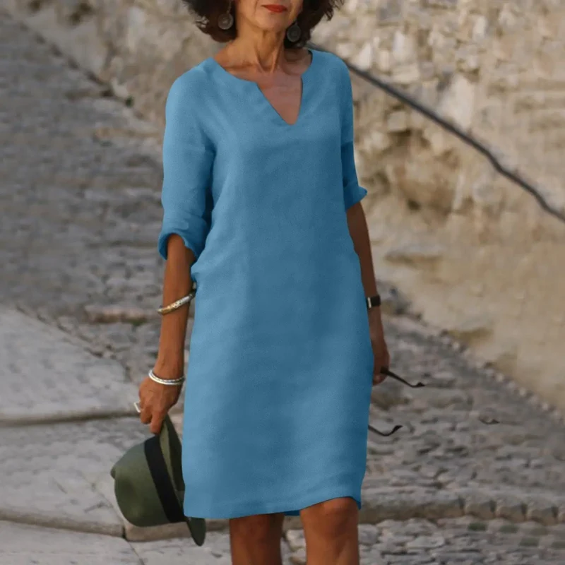 Women's Comfortable V-Neck Midi Dress | Elegant 3/4 Sleeve Casual Wear
