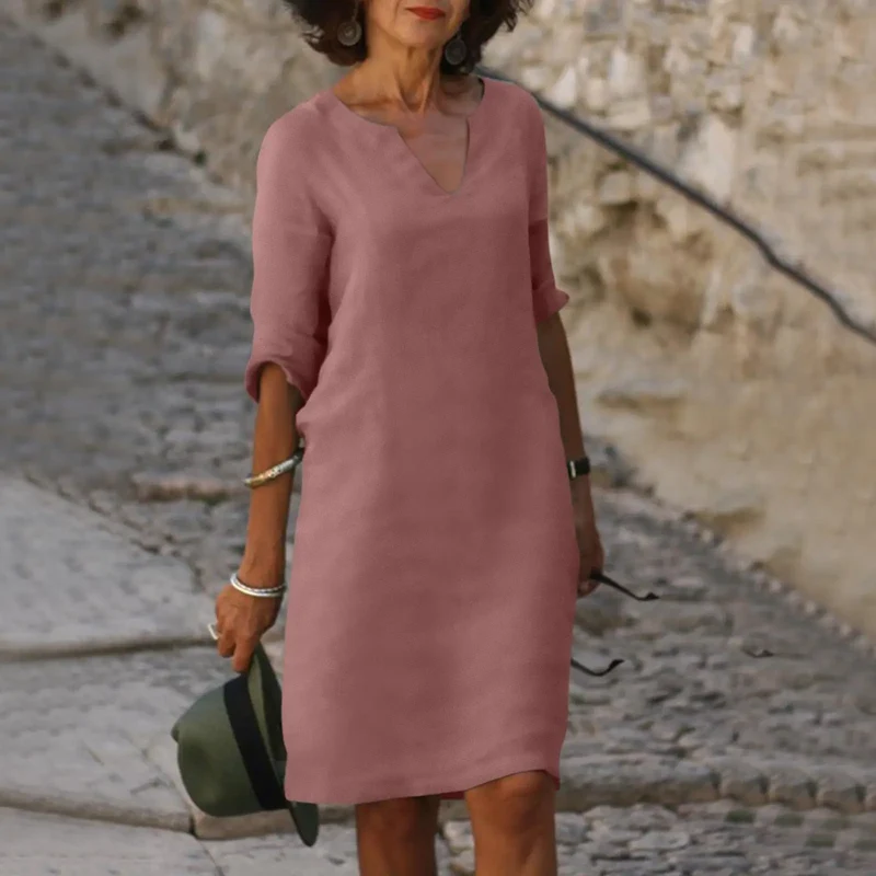Women's Comfortable V-Neck Midi Dress | Elegant 3/4 Sleeve Casual Wear