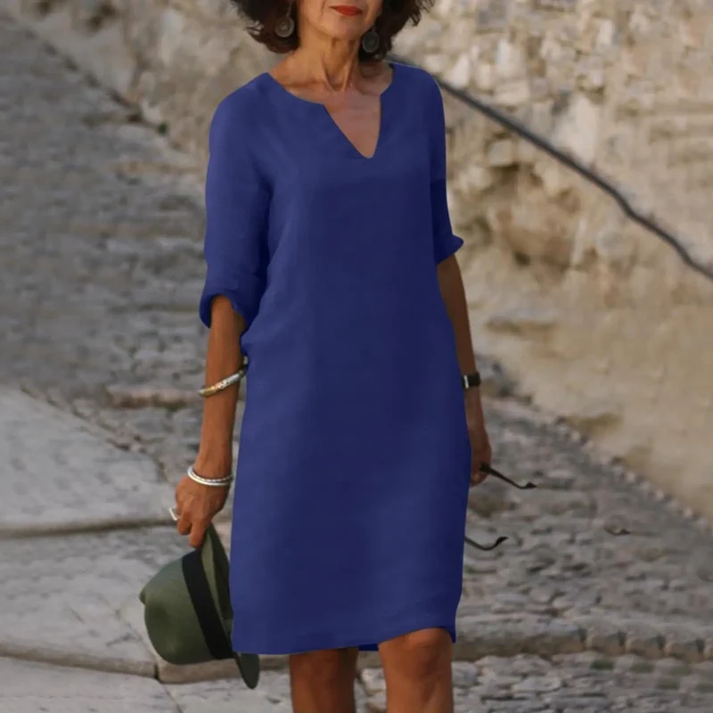 Women's Comfortable V-Neck Midi Dress | Elegant 3/4 Sleeve Casual Wear