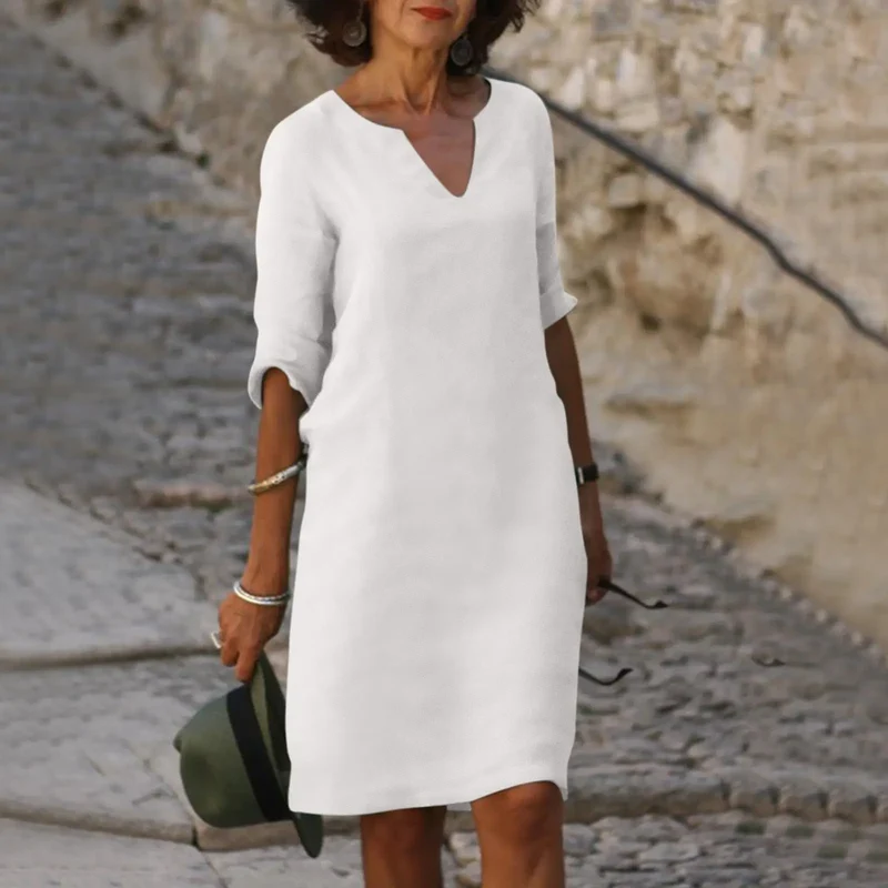 Women's Comfortable V-Neck Midi Dress | Elegant 3/4 Sleeve Casual Wear