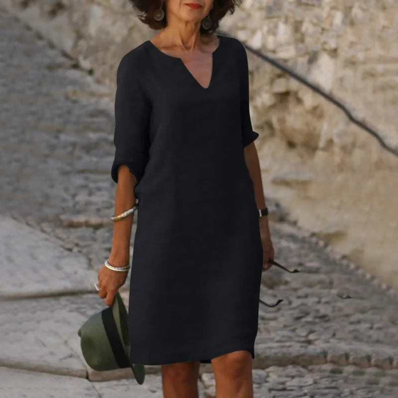 Women's Comfortable V-Neck Midi Dress | Elegant 3/4 Sleeve Casual Wear