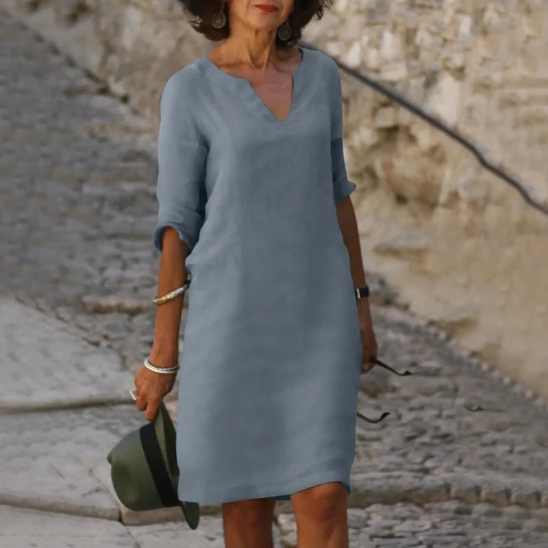 Women's Comfortable V-Neck Midi Dress | Elegant 3/4 Sleeve Casual Wear
