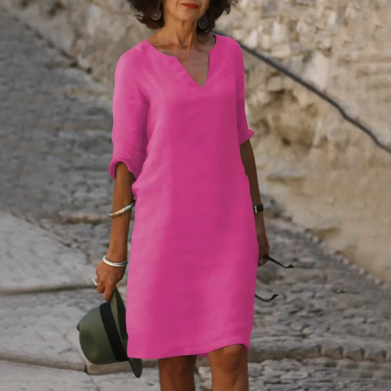 Women's Comfortable V-Neck Midi Dress | Elegant 3/4 Sleeve Casual Wear